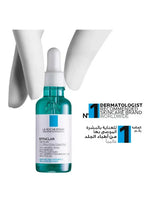 Anti-acne serum bottle with white dropper cap and dermatologist recommendation badge