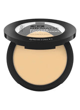 Matte powder foundation compact open, showing light beige powder