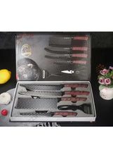 Stainless steel diamond-pattern knife set with wood-grain handles in storage case