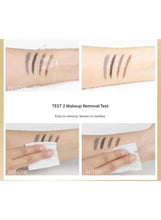 Eyebrow pencil swatches on skin with wipe-off removal test