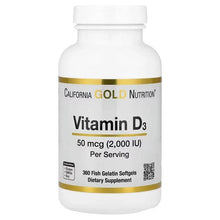 California Gold Nutrition Vitamin D3 bottle, 50 mcg (2,000 IU) per serving label