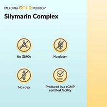 Silymarin Complex label claims infographic: No GMOs, no gluten, no soy, GMP