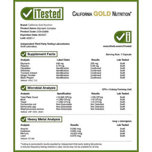 Silymarin Complex Supplement Facts panel with analysis and heavy metal results