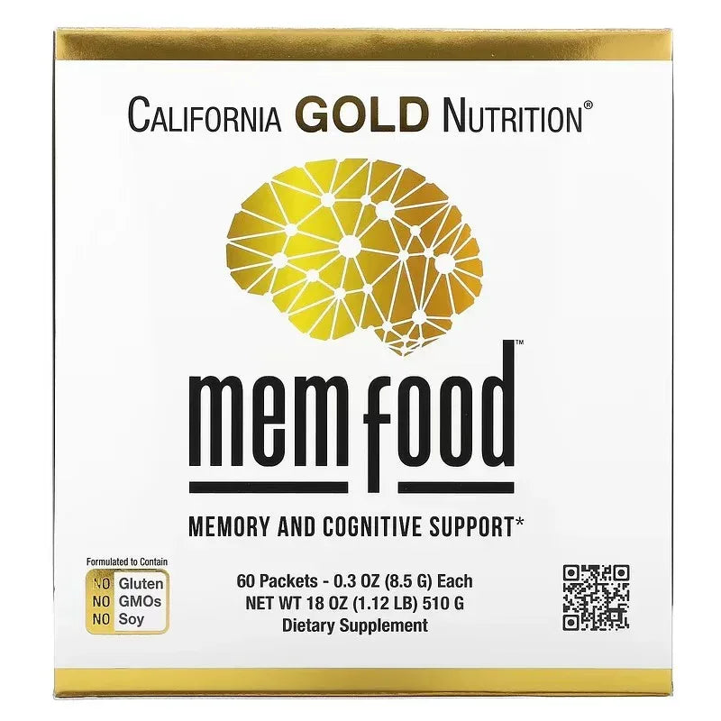 California Gold Nutrition MEM Food® – دعم الذاكرة والإدراك مع إل-سيرين، عرف الأسد، والتوت الأزرق – مسحوق و60 كيسًا