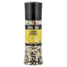 Lemon pepper seasoning and salt grinder bottle with black lid and yellow label