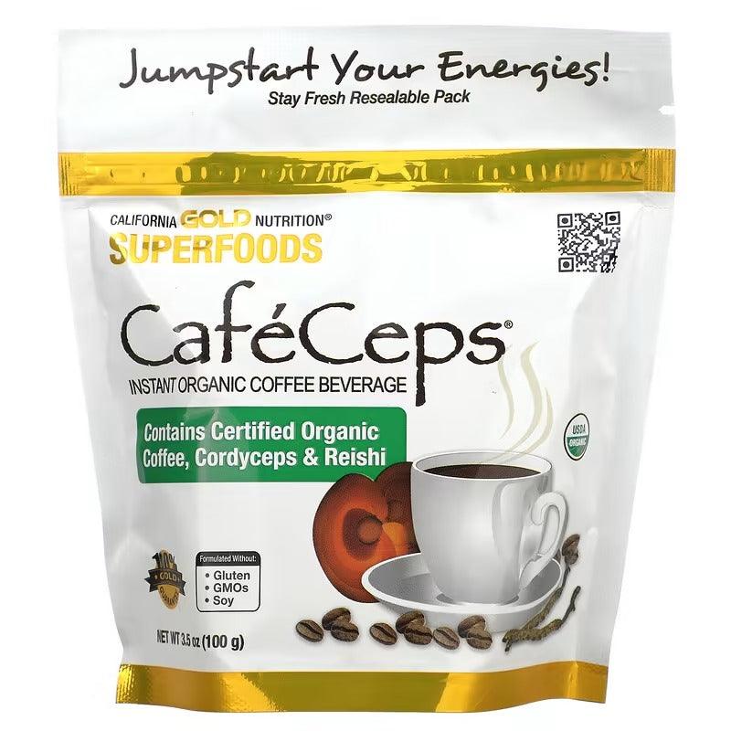 California Gold Nutrition CafeCeps Organic Instant Coffee with Cordyceps & Reishi – Powder Jar & 30 Packets