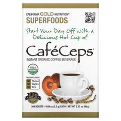 California Gold Nutrition CafeCeps Organic Instant Coffee with Cordyceps & Reishi – Powder Jar & 30 Packets