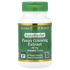 California Gold Nutrition EuroHerbs® Panax Ginseng Extract 250 mg – Energy & Vitality Support – 60 Veggie Capsules