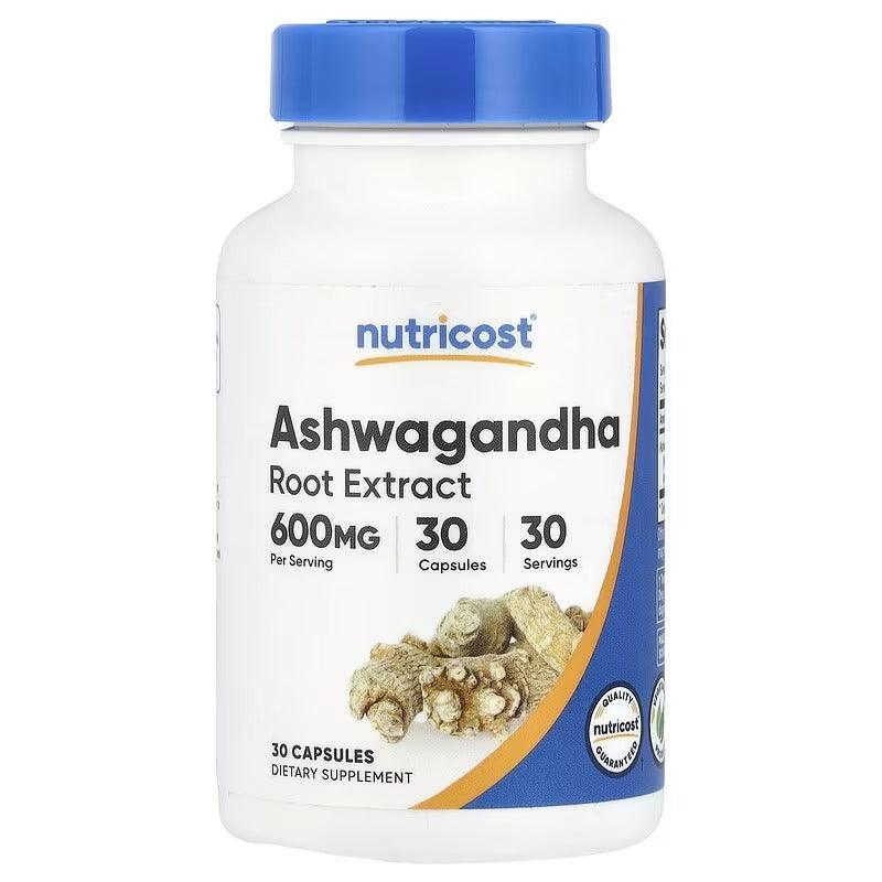 Ashwagandha root extract 600 mg supplement bottle with blue cap, 30-capsules label