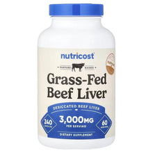 Beef liver supplement bottle, blue cap, Grass-Fed Beef Liver label, 240 capsules