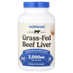 Beef liver supplement bottle, blue cap, Grass-Fed Beef Liver label, 240 capsules