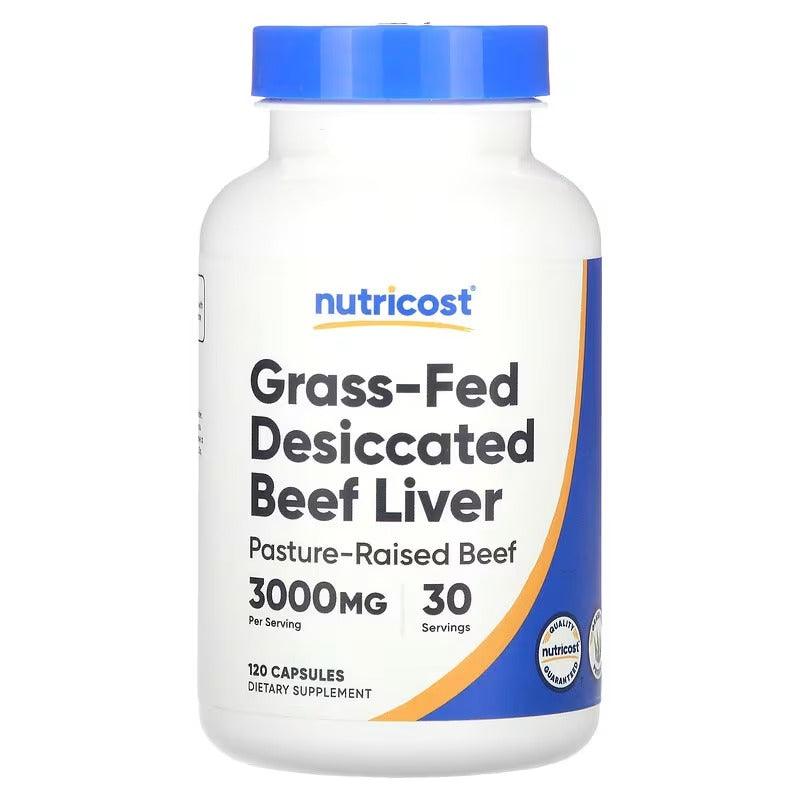 Desiccated beef liver supplement bottle, blue cap, label shows 120 capsules