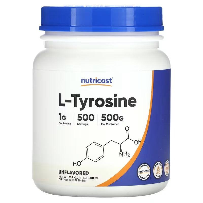 Nutricost L-Tyrosine unflavored powder supplement jar, 500g label