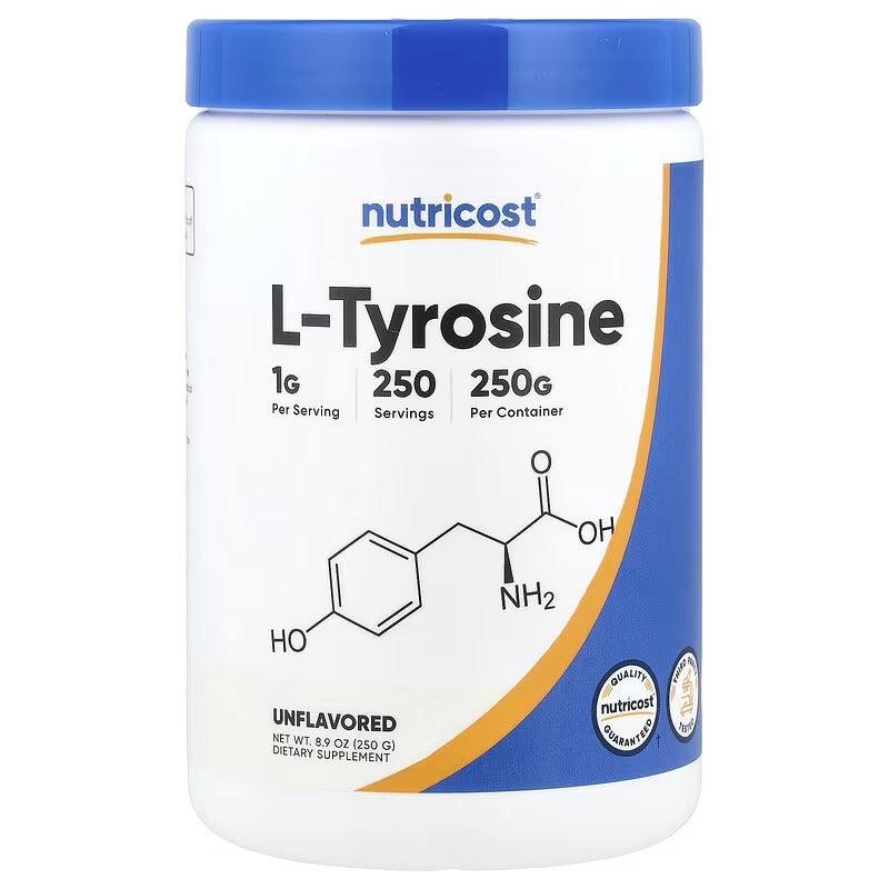 Nutricost L-Tyrosine unflavored powder supplement jar, 250g label