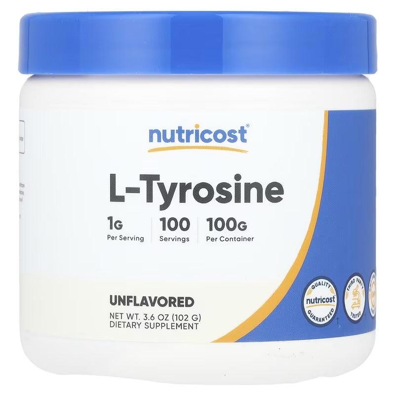 Nutricost L-Tyrosine unflavored powder supplement jar, 100g label
