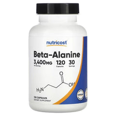 Beta-Alanine supplement bottle with label, 120 capsules and blue stripe