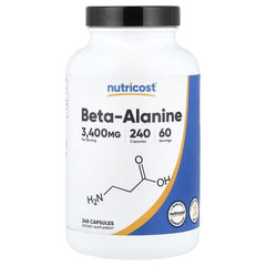 Beta-Alanine supplement bottle with label, 240 capsules and blue stripe