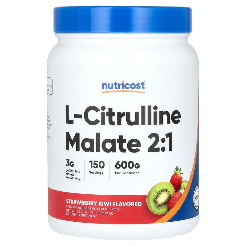 L-citrulline malate 2:1 supplement powder jar, strawberry kiwi flavor, blue cap