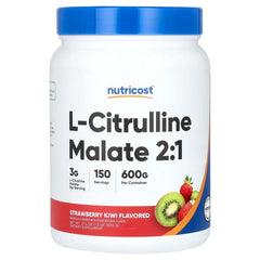 L-citrulline malate 2:1 supplement powder jar, strawberry kiwi flavor, blue cap