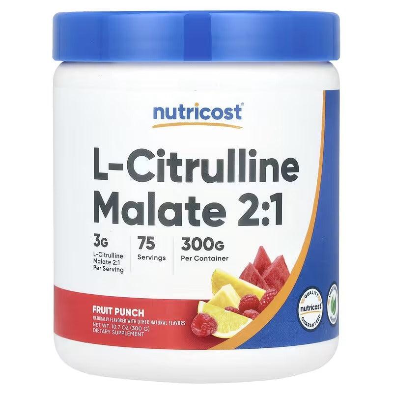 L-citrulline malate 2:1 supplement powder jar, fruit punch flavor, blue cap