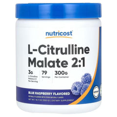 L-citrulline malate 2:1 supplement powder jar, blue raspberry flavor, blue cap