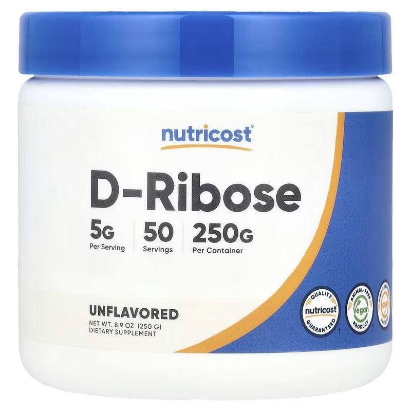 Nutricost D-Ribose unflavored supplement powder jar, white bottle with blue lid