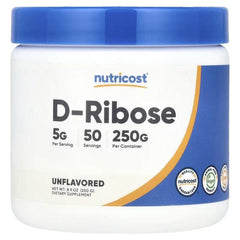 Nutricost D-Ribose unflavored supplement powder jar, white bottle with blue lid
