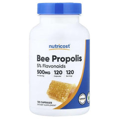 Bee propolis supplement bottle, 5% flavonoids, 500 mg, 120 capsules