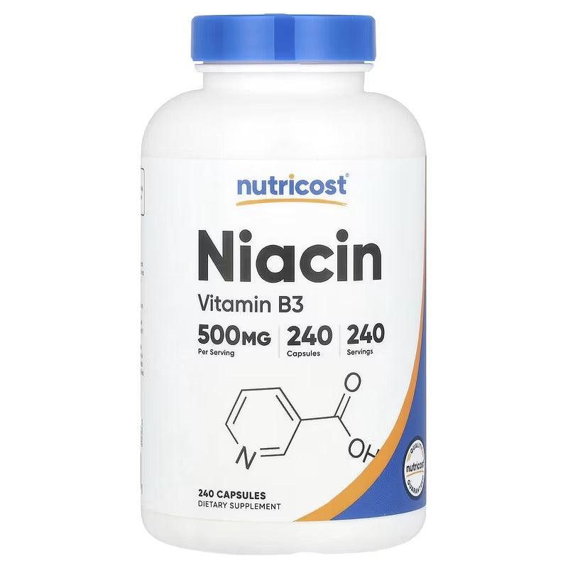 Niacin Vitamin B3 supplement bottle, 500 mg, 240 capsules, front label