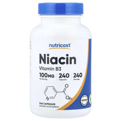 Niacin Vitamin B3 supplement bottle, 100 mg, 240 capsules, front label