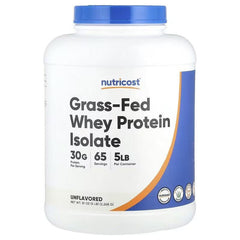 Nutricost grass-fed whey protein isolate powder tub, unflavoured, with blue cap