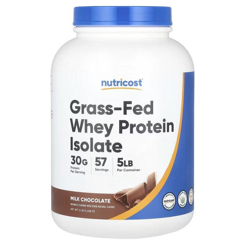 Nutricost grass-fed whey protein isolate powder tub, milk chocolate, with blue cap