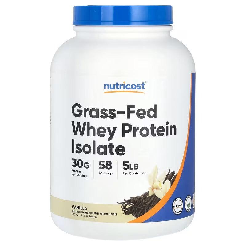 Nutricost grass-fed whey protein isolate powder tub, vanilla, with blue cap