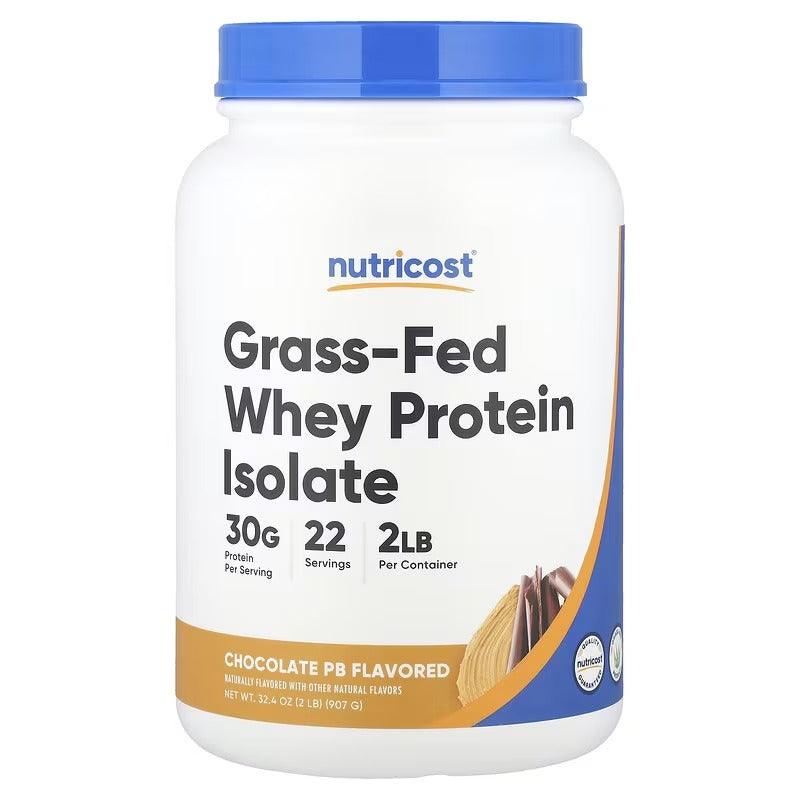 Nutricost grass-fed whey protein isolate powder tub, chocolate PB flavored, blue cap