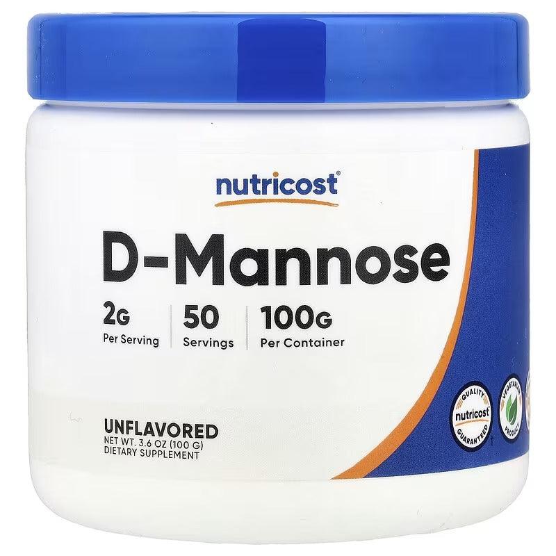 D-Mannose powder supplement jar, unflavoured, 2g per serving, 100g