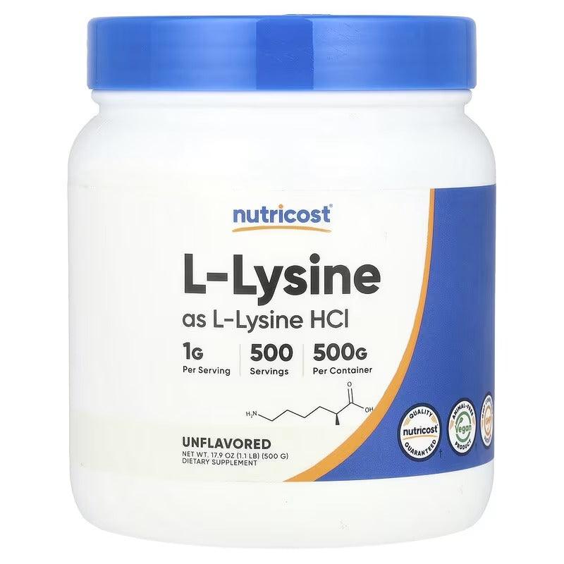 L-Lysine powder supplement bottle with blue cap, 500g, unflavored label