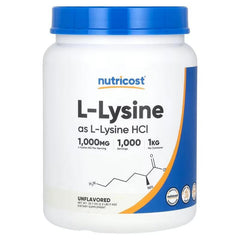 L-Lysine powder supplement bottle with blue cap, 1kg, unflavored label