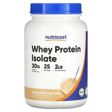 Nutricost whey protein isolate powder tub, cake batter flavor, blue cap