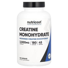 Nutricost creatine monohydrate capsules bottle, black cap, 180 capsules label