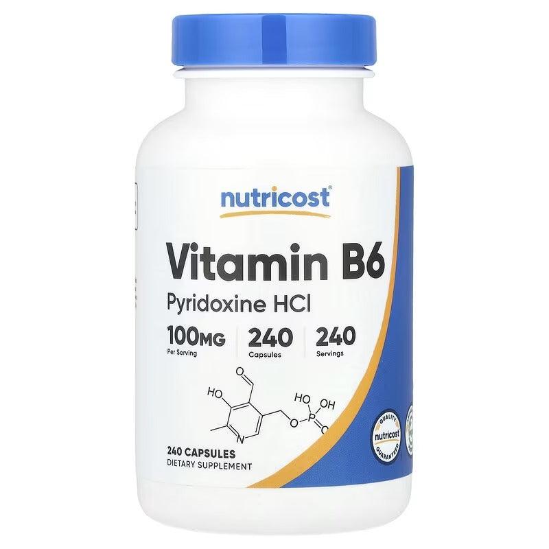 Vitamin B6 supplement bottle with blue cap, front label and capsules count (240)
