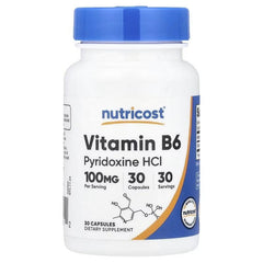 Vitamin B6 supplement bottle with blue cap, front label and capsules count (30)