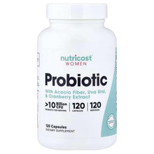 Probiotic dietary supplement bottle, front label: 10 Billion CFU, 120 capsules