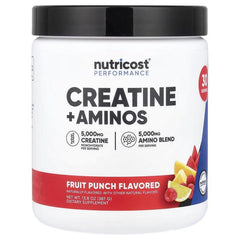 Creatine + Aminos powder tub, fruit punch flavor, white container with black lid