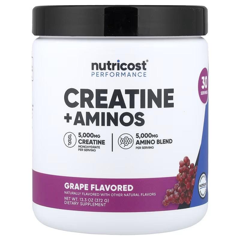 Creatine + Aminos powder tub, grape flavor, white container with black lid