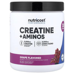 Creatine + Aminos powder tub, grape flavor, white container with black lid