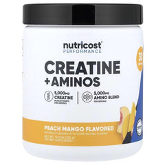 Creatine + Aminos powder tub, peach mango flavor, white container with black lid