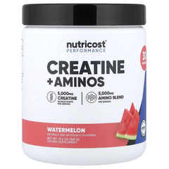 Creatine + Aminos powder tub, watermelon flavor, white container with black lid