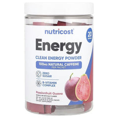 Nutricost Energy Clean Energy Powder Stick Packs – Fruit Punch, Grape, Green Apple & Passionfruit Guava, 20 Stick Packs