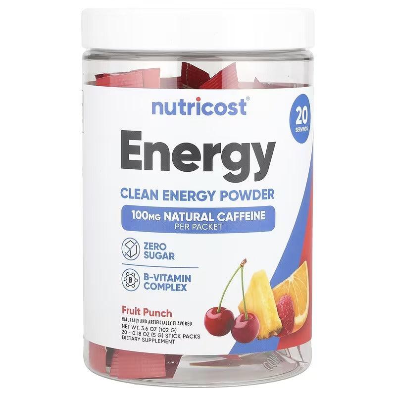 Nutricost Energy Clean Energy Powder Stick Packs – Fruit Punch, Grape, Green Apple & Passionfruit Guava, 20 Stick Packs