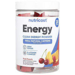 Nutricost Energy Clean Energy Powder Stick Packs – Fruit Punch, Grape, Green Apple & Passionfruit Guava, 20 Stick Packs